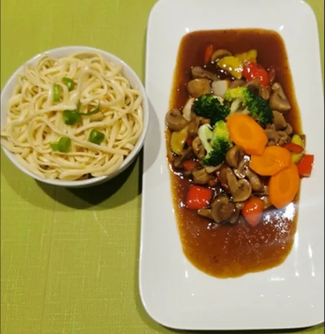 Mixed vegetables vegetarian platter with noodles